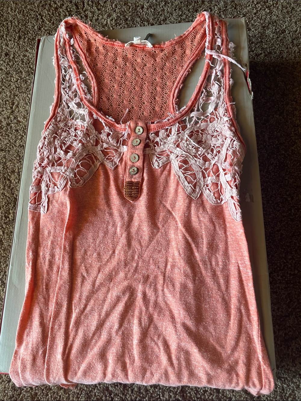 Miss Me Coral Tank with White Lace and Button Front